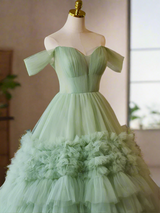 Tulle Sage Green Off the Shoulder Long Prom Dress