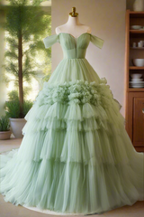 Off the Shoulder Elegant Sage Green Tulle Long Prom Dress