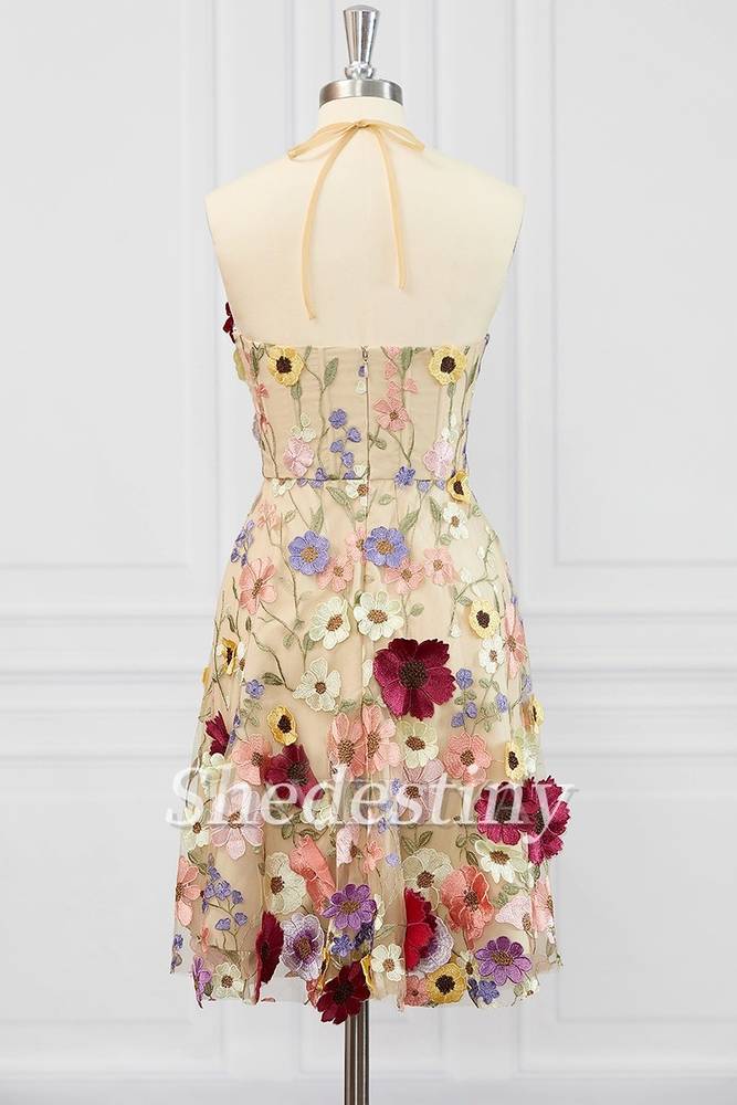 back of Champagne 3D Flower Print Halter A-Line Party Dress