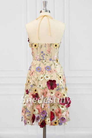 back of Champagne 3D Flower Print Halter A-Line Party Dress