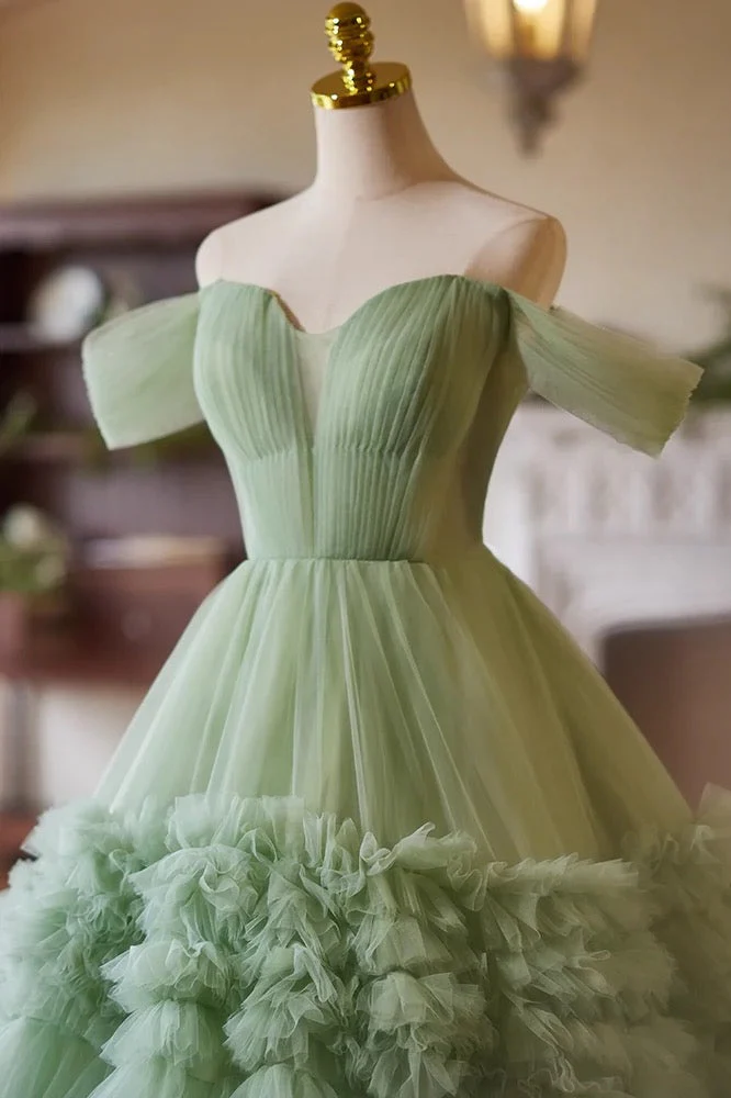 Tulle Off the Shoulder Elegant Sage Green Long Prom Dress