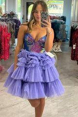 Lavender Sequin V-Neck Ruffle Tiered Short Party Dress