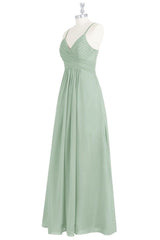 Dusty Sage Pleated Straps Chiffon Keyhole Long Bridesmaid Dress