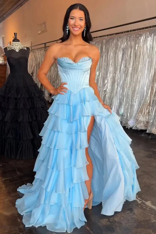 Light Blue Exquisite Strapless Sweetheart A-Line Ruffles Dresses with Slit