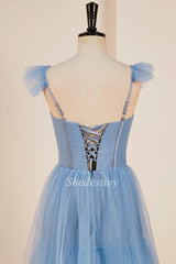 A-Line Smoky Blue Flutter Sleeve Tiered Long Gown with Slit