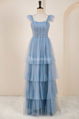 A-Line Smoky Blue Flutter Sleeve Tiered Long Gown with Slit