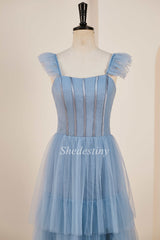 A-Line Smoky Blue Flutter Sleeve Tiered Long Gown with Slit