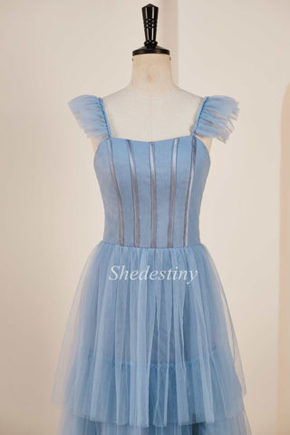 A-Line Smoky Blue Flutter Sleeve Tiered Long Gown with Slit