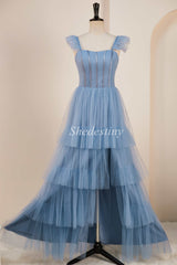 A-Line Smoky Blue Flutter Sleeve Tiered Long Gown with Slit