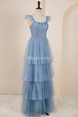 A-Line Smoky Blue Flutter Sleeve Tiered Long Gown with Slit