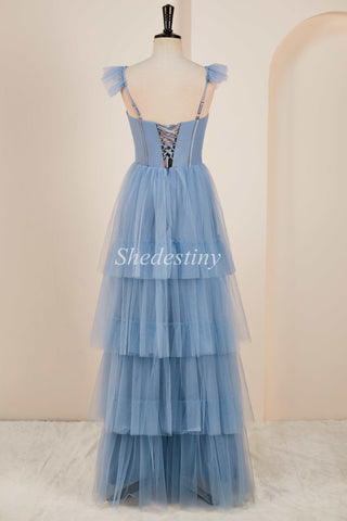 A-Line Smoky Blue Flutter Sleeve Tiered Long Gown with Slit