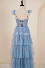 A-Line Smoky Blue Flutter Sleeve Tiered Long Gown with Slit