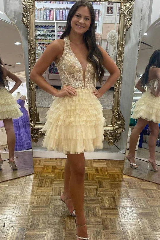 Yellow Plunging V Neck Tiered Short Homecoming Dress