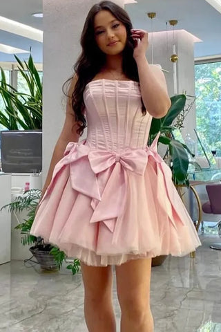 Pink Strapless Corset Bow A-Line Homecoming Dress