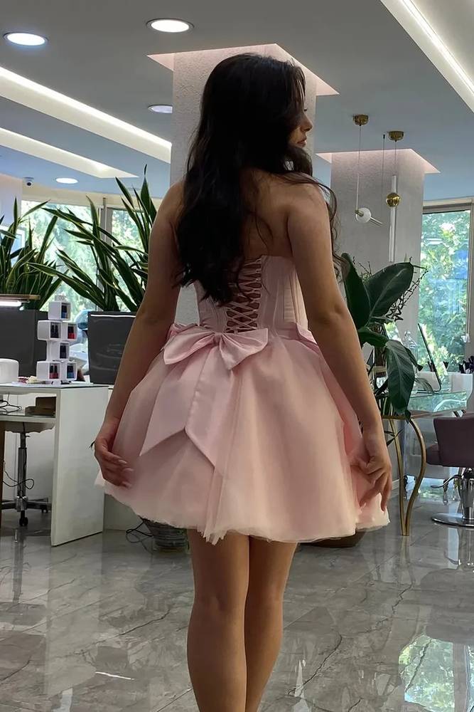 Pink Strapless Corset Bow A-Line Homecoming Dress