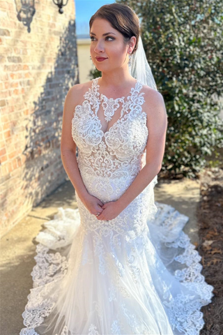 White Mermaid Lace Halter Long Wedding Dress
