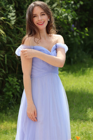 Lavender Tulle Off-the-Shoulder A-Line Long Bridesmaid Dress