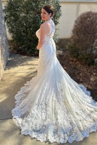 White Mermaid Lace Halter Long Wedding Dress