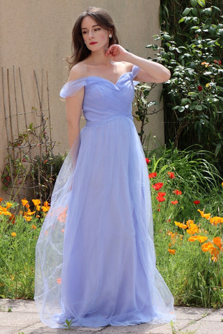 Lavender Tulle Off-the-Shoulder A-Line Long Bridesmaid Dress