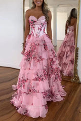 Princess Floral Print Sweetheart Tiered Ruffles Prom Dress