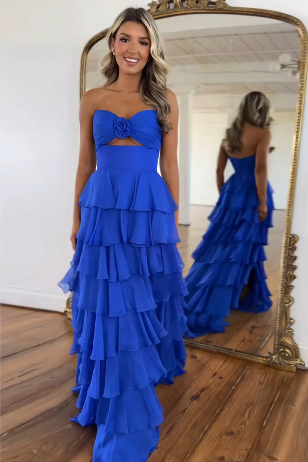 Blue Strapless keyhole Tiered Ruffles Floor Length Chiffon Prom Gown