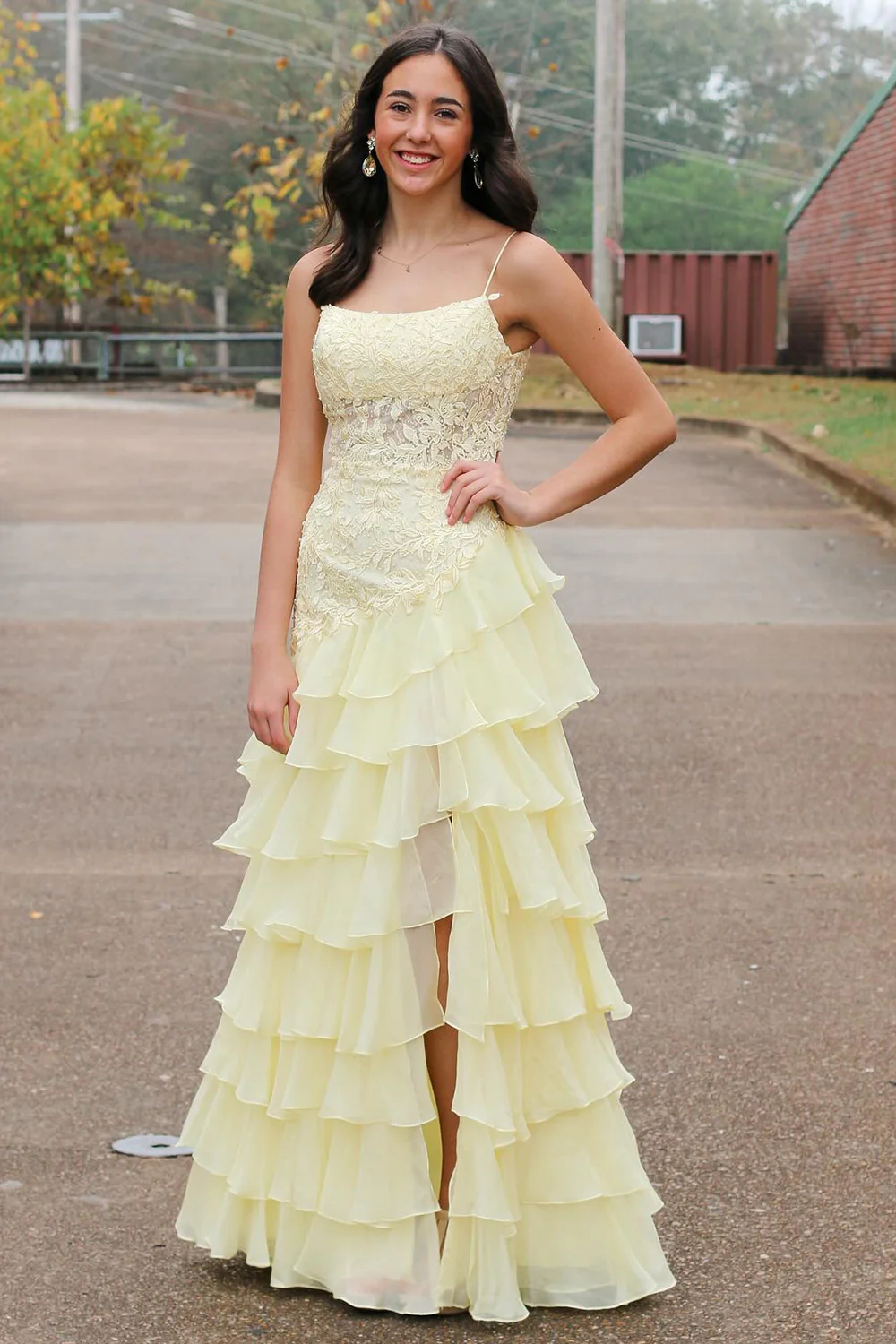 Chiffon Yellow Spaghetti Straps Applique Prom Dress with Slit
