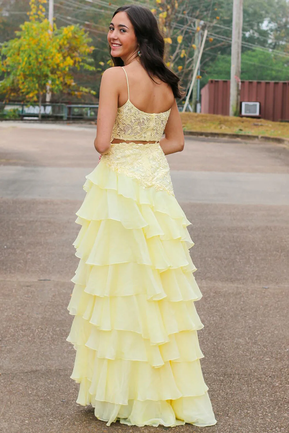 Yellow Spaghetti Straps Chiffon  Applique Prom Dress with Slit