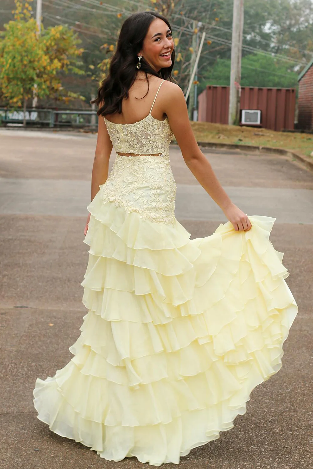 Chiffon Yellow Spaghetti Straps Applique Slit Prom Dress