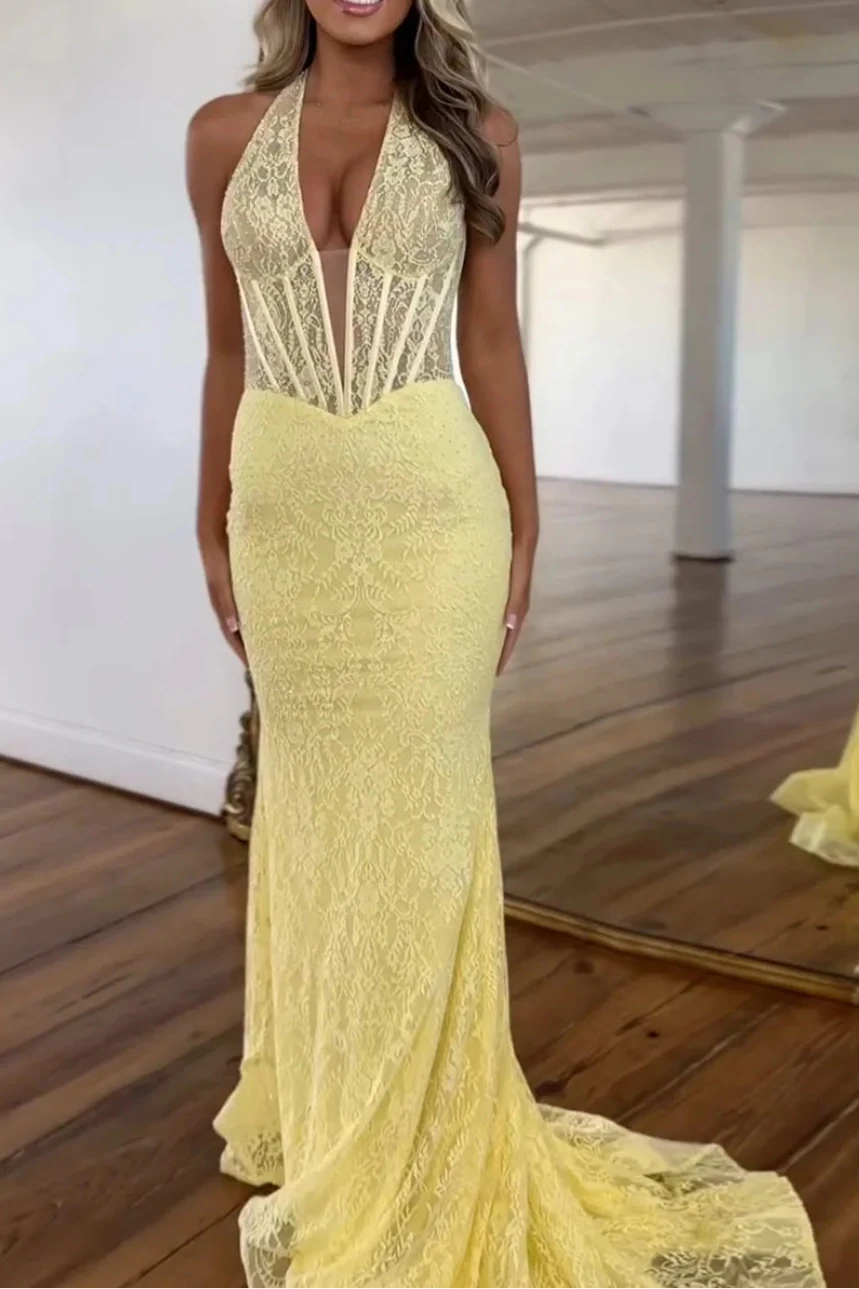 Lace Halter Yellow Mermaid Long Prom Dress with Applique