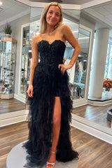 Gentle Tulle Balck Strapless Layered Prom Dress with Applique