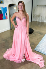 Princess Pink V-Neck Pleated Slit Long Prom Dress with Rhinestone