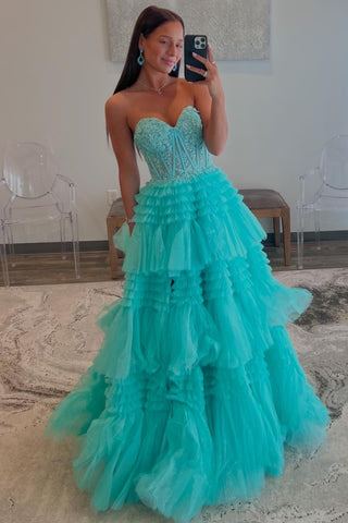 Red Tulle Sweetheart Tiered Long Prom Dress with Ruffles