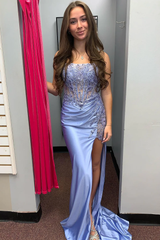 Lace-up Blue Strapless Slit Mermaid Long Prom Dress with Applique