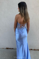Lace-up Applique Blue Strapless Slit Mermaid Long Prom Dress