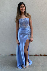 Lace-up Blue Strapless Slit Mermaid Long Prom Dress with Applique