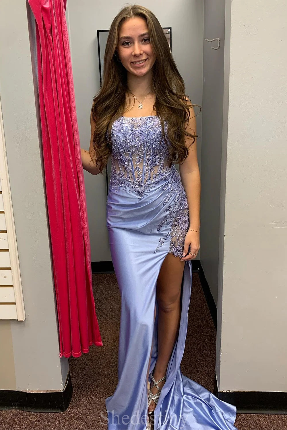 Lace-up Blue Strapless Slit Mermaid Long Prom Dress with Applique