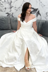 White Off-the-Shoulder Faux-Wrap Satin Long Wedding Dress