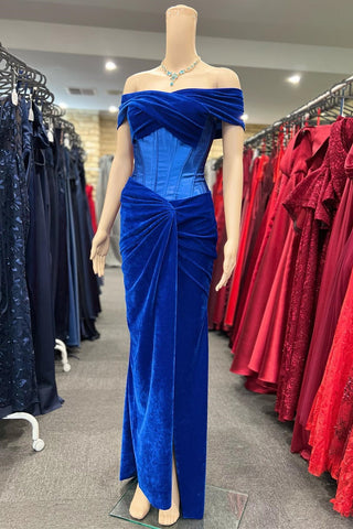 Royal Blue Velvet Off-the-Shoulder Twist-Knot Sheath Formal Gown