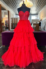 Red Tulle Sweetheart Tiered Long Prom Dress with Ruffles