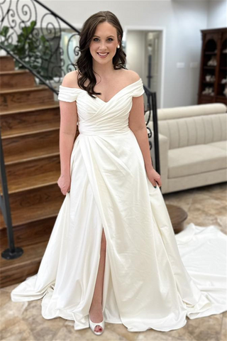 White Off-the-Shoulder Faux-Wrap Satin Long Wedding Dress