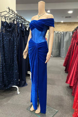 Royal Blue Velvet Off-the-Shoulder Twist-Knot Sheath Formal Gown