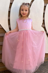 Adorable Dusky Pink Round Neck Bow-Back A-Line Girl Party Dress