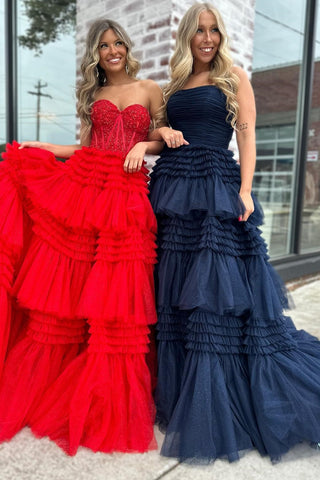 Red Tulle Sweetheart Tiered Long Prom Dress with Ruffles