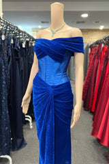 Royal Blue Velvet Off-the-Shoulder Twist-Knot Sheath Formal Gown