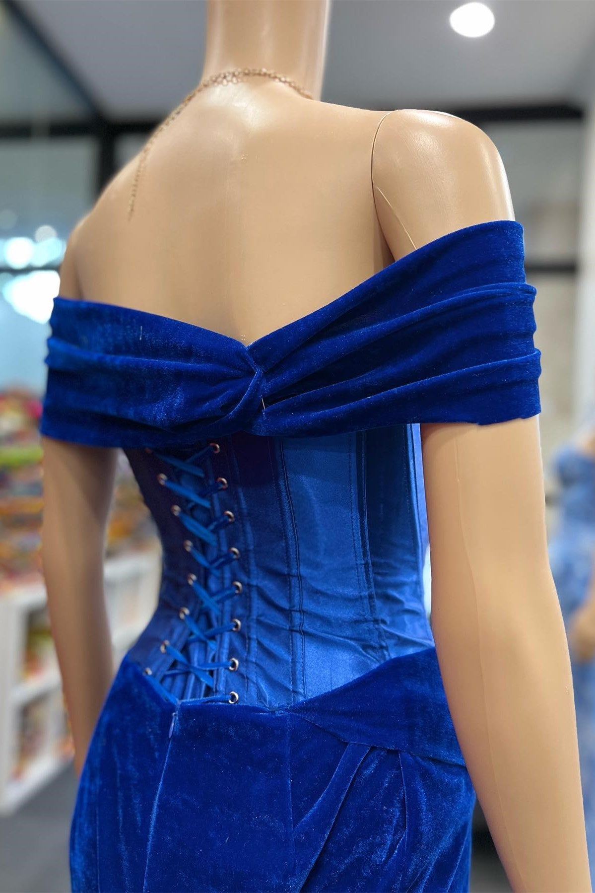 Royal Blue Velvet Off-the-Shoulder Twist-Knot Sheath Formal Gown