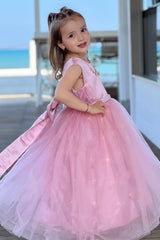 Adorable Dusky Pink Round Neck Bow-Back A-Line Girl Party Dress