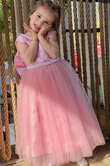 Adorable Dusky Pink Round Neck Bow-Back A-Line Girl Party Dress