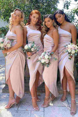 Pink One Shoulder Pleated Mismatched Bridesmaid Dress with Slit