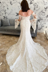 White Strapless Mermaid Lace Long Wedding Dress with Detachable Sleeves