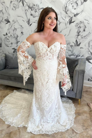 White Strapless Mermaid Lace Long Wedding Dress with Detachable Sleeves